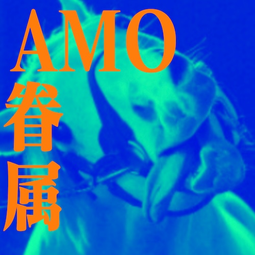 The AMO Kenzoku logo over a greenish-blue tinted image of a horse looking at you and licking the screen.

